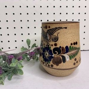 Vintage Netzi Mexican Pottery Mug Coffee Hand Painted Bird Floral Cozumel